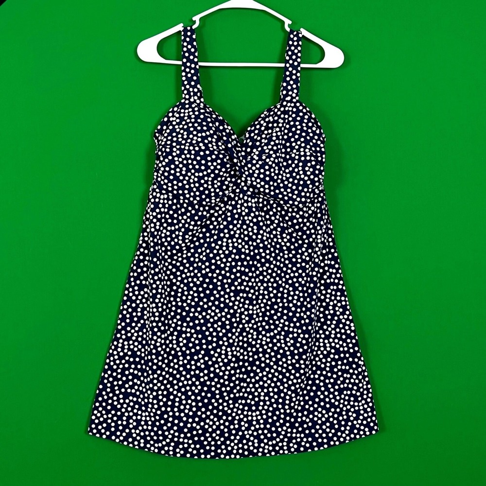 Lands End Navy White Polka Dot Tankini Swimsuit Top Womens Size 12 Classic Chic